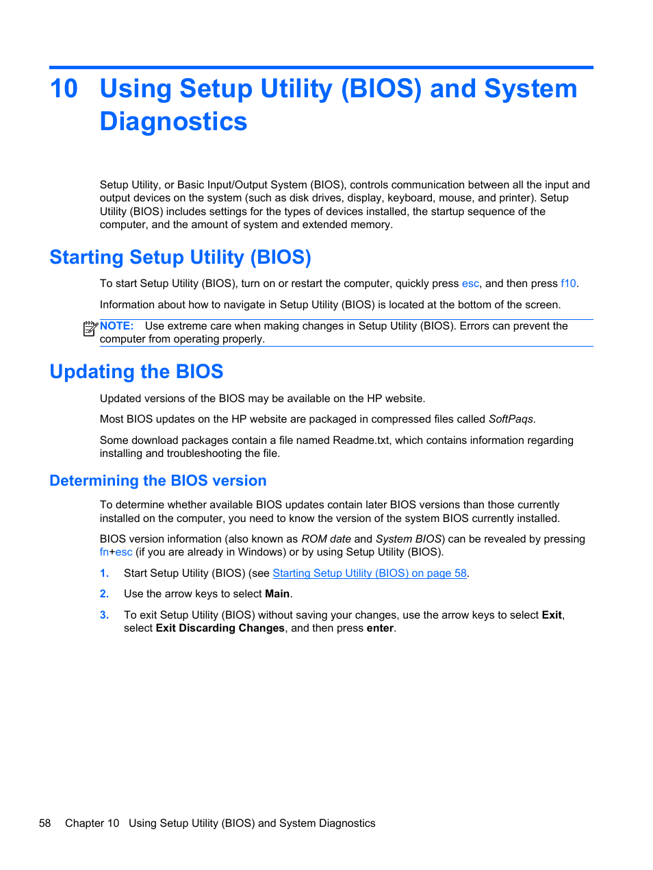 Using setup utility (bios) and system diagnostics, Starting setup utility (bios), Updating the bios | Determining the bios version, Starting setup utility (bios) updating the bios | HP ENVY m6-k088ca Sleekbook User Manual | Page 68 / 81