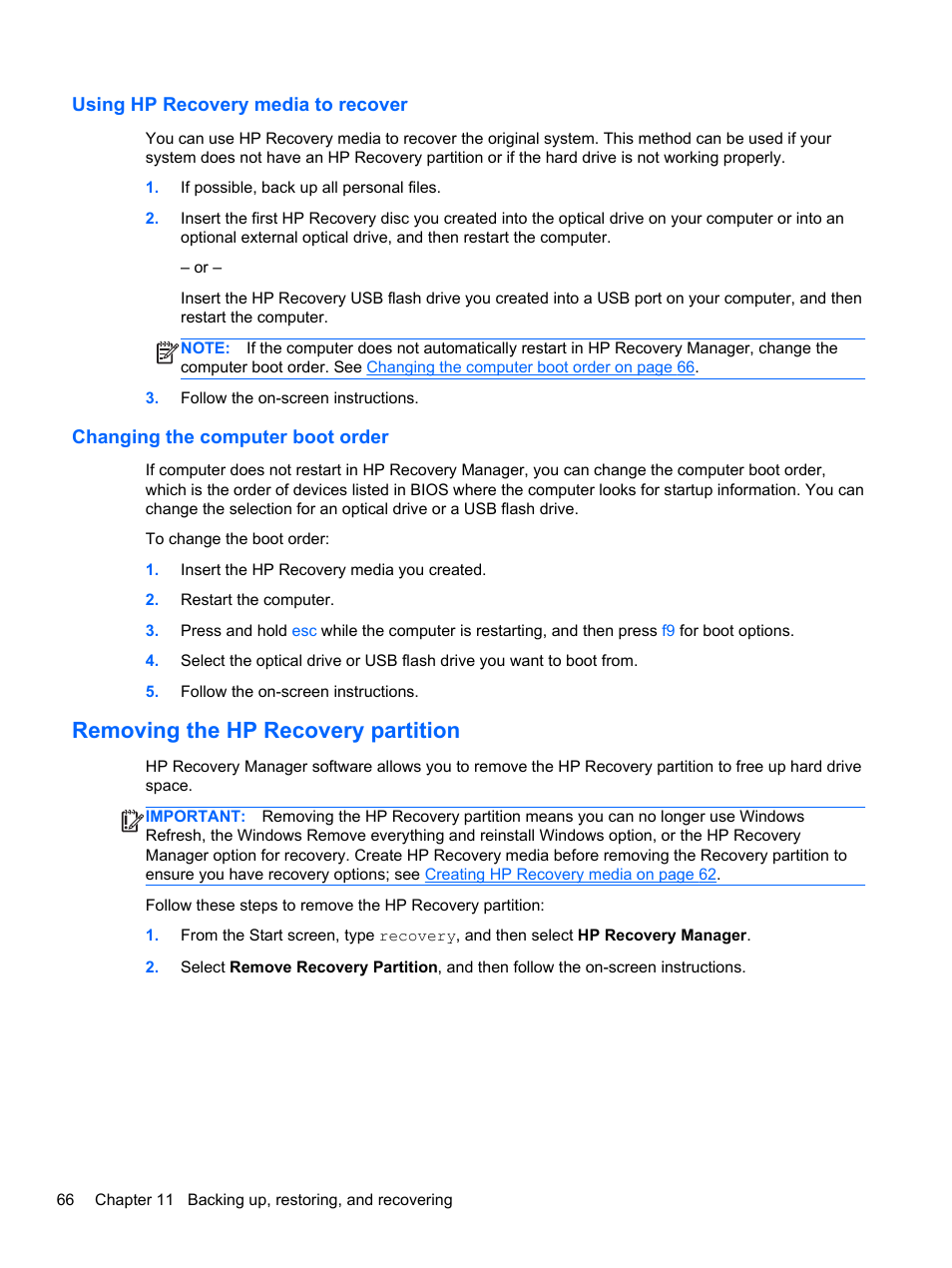 Using hp recovery media to recover, Changing the computer boot order, Removing the hp recovery partition | HP ENVY m6-k088ca Sleekbook User Manual | Page 76 / 81