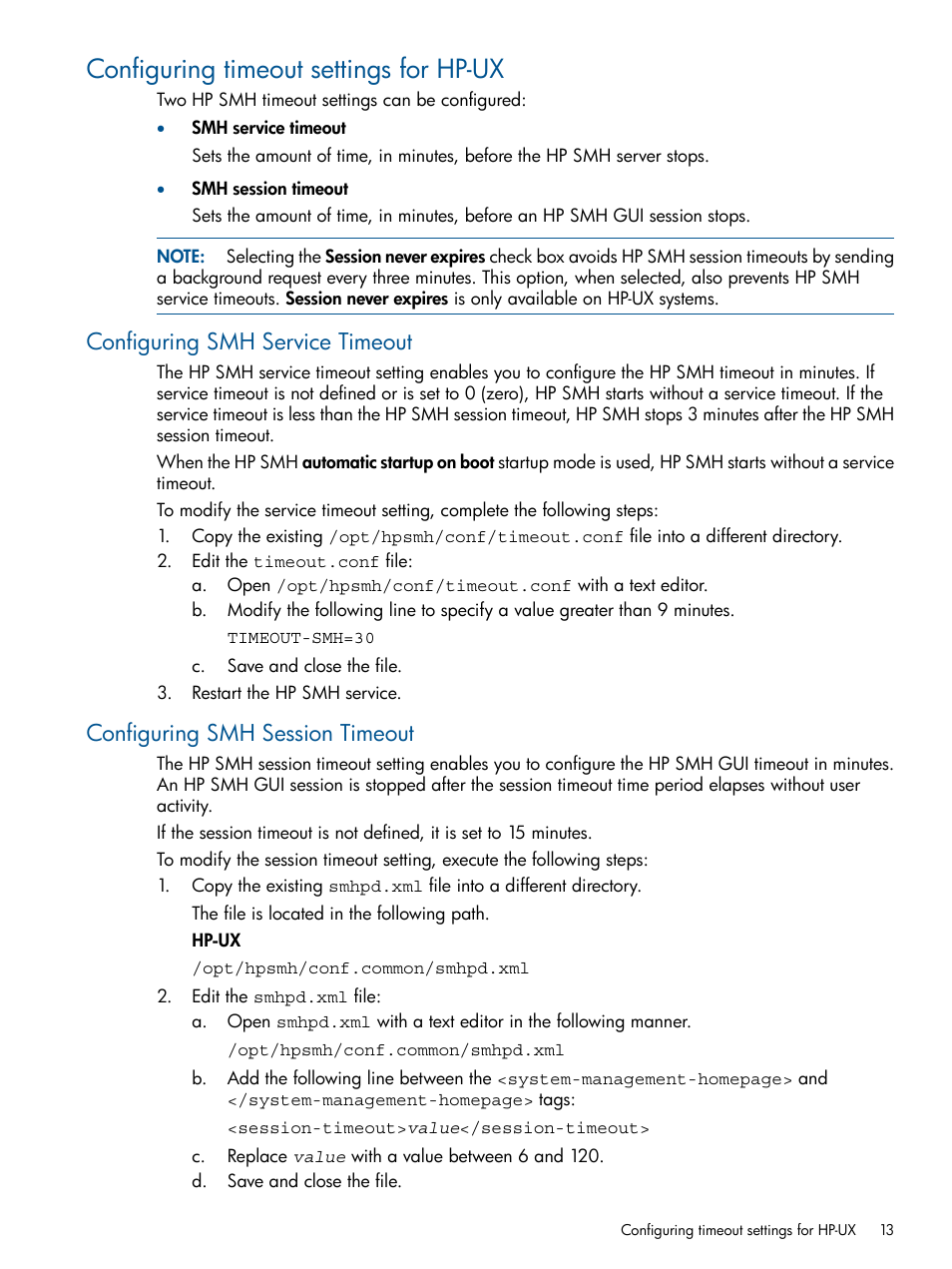 Configuring timeout settings for hp-ux, Configuring smh service timeout, Configuring smh session timeout | HP System Management Homepage-Software User Manual | Page 13 / 94