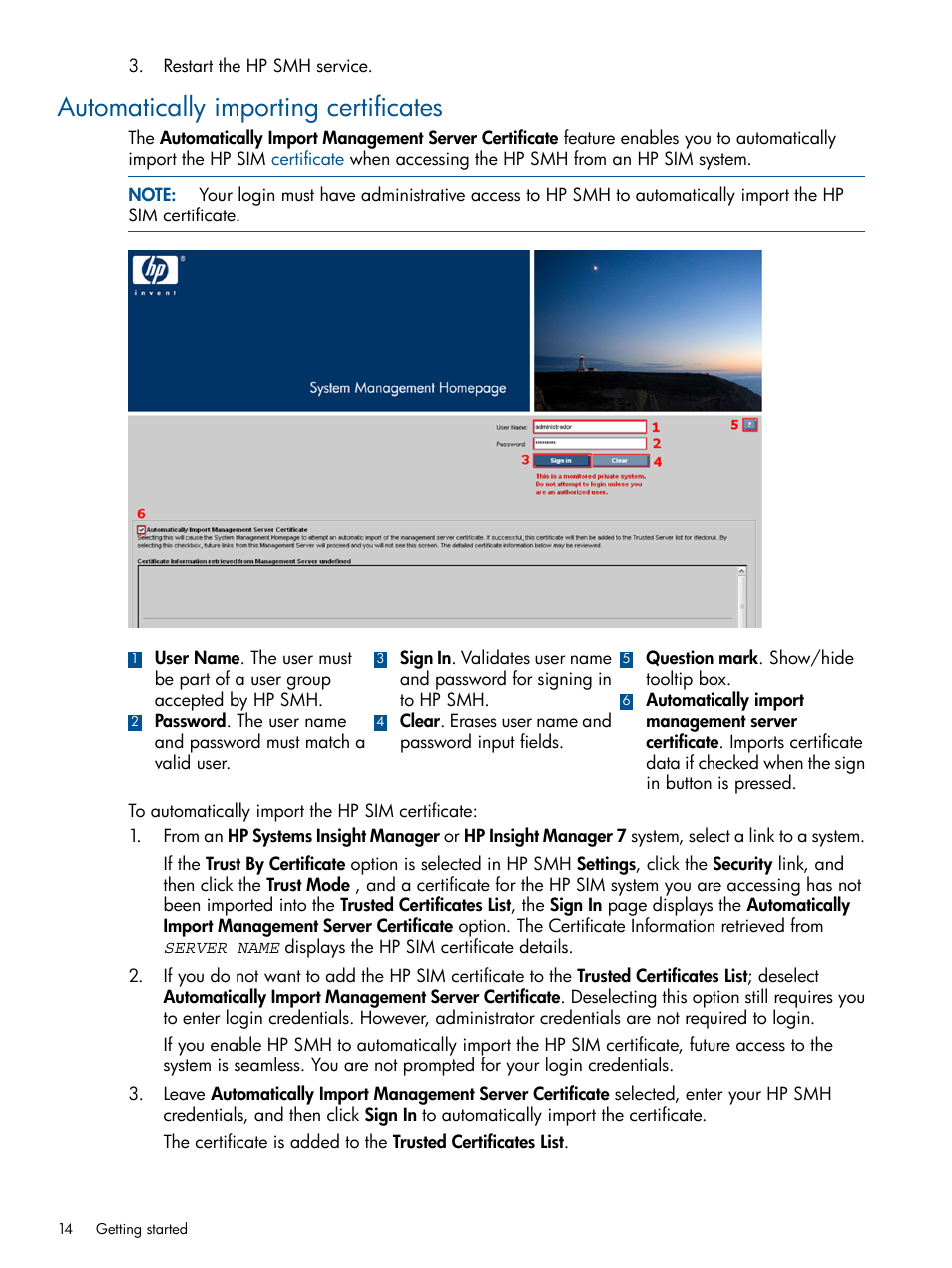 Automatically importing certificates | HP System Management Homepage-Software User Manual | Page 14 / 94