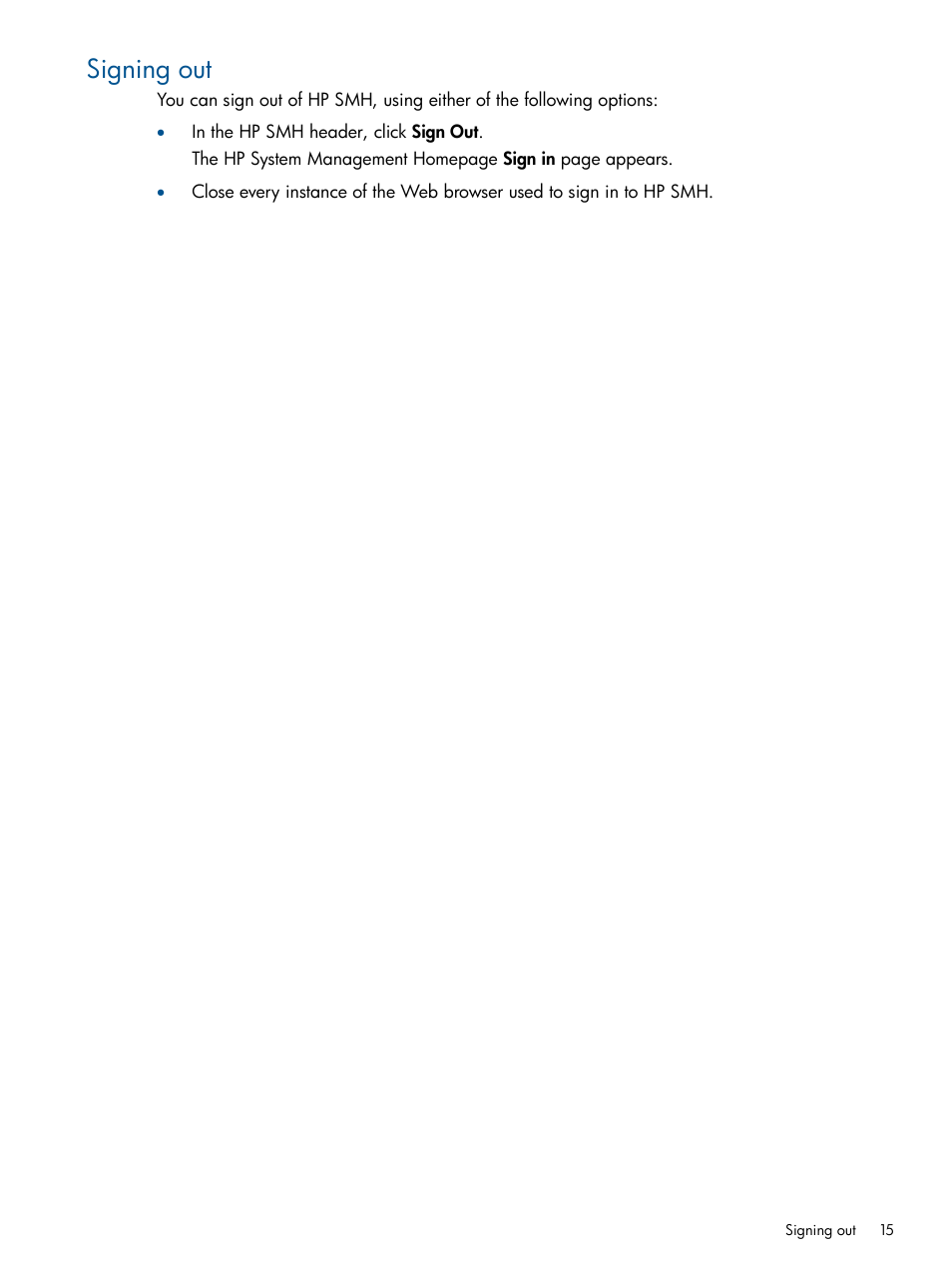 Signing out | HP System Management Homepage-Software User Manual | Page 15 / 94