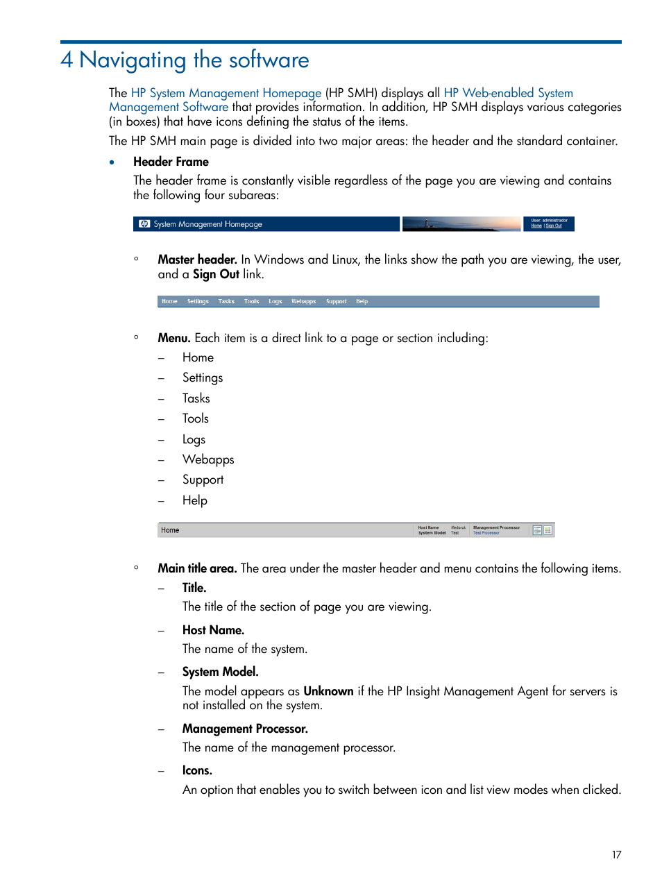 4 navigating the software | HP System Management Homepage-Software User Manual | Page 17 / 94