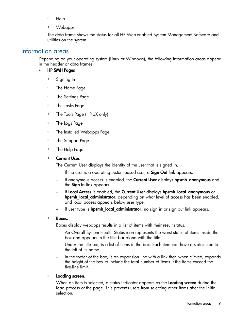 Information areas | HP System Management Homepage-Software User Manual | Page 19 / 94