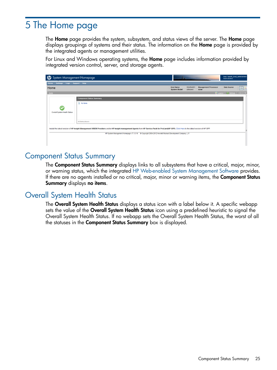 Component status summary, Overall system health status, 5 the home page | HP System Management Homepage-Software User Manual | Page 25 / 94