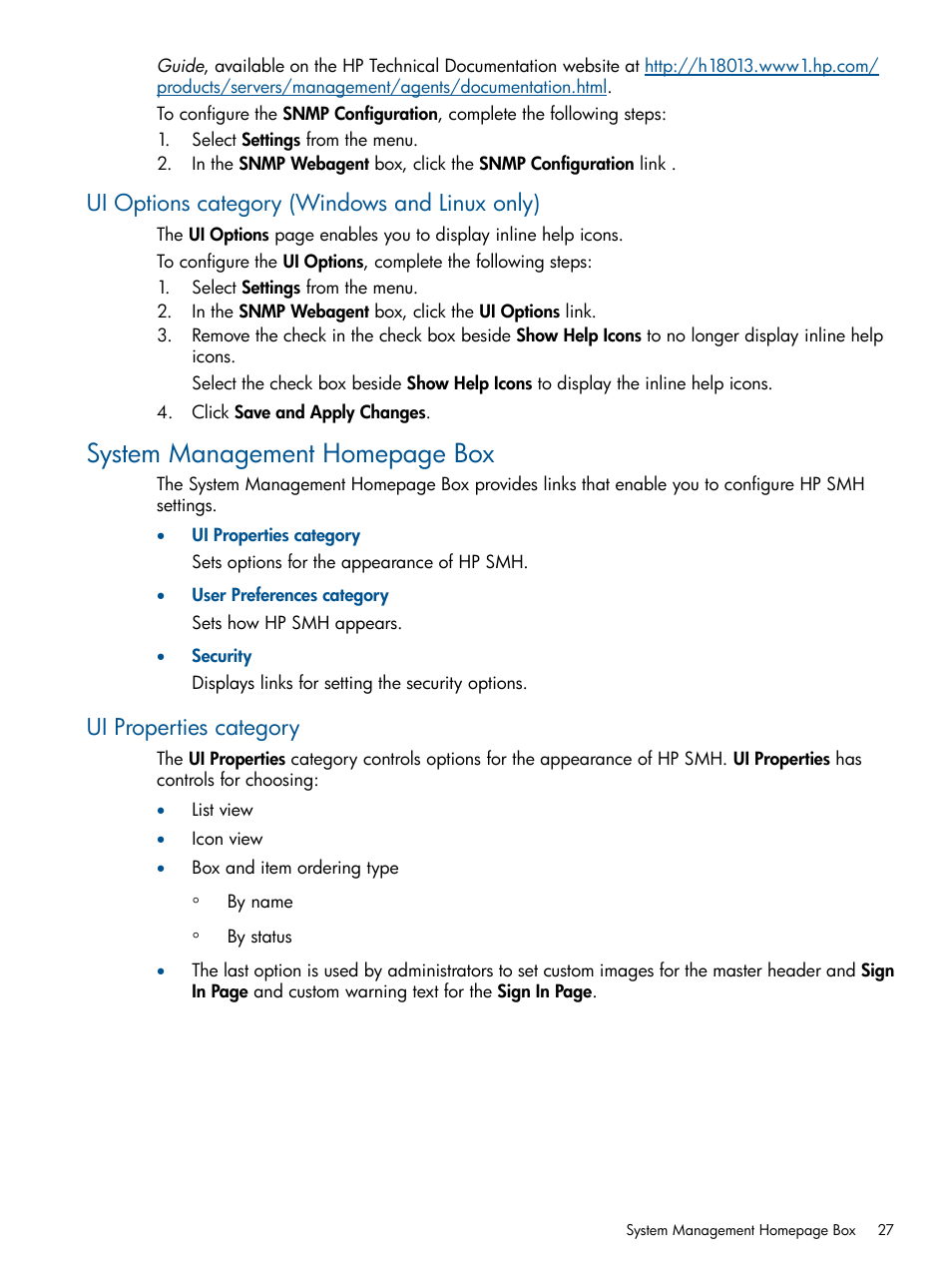 Ui options category (windows and linux only), Ui properties category, System management homepage box | HP System Management Homepage-Software User Manual | Page 27 / 94