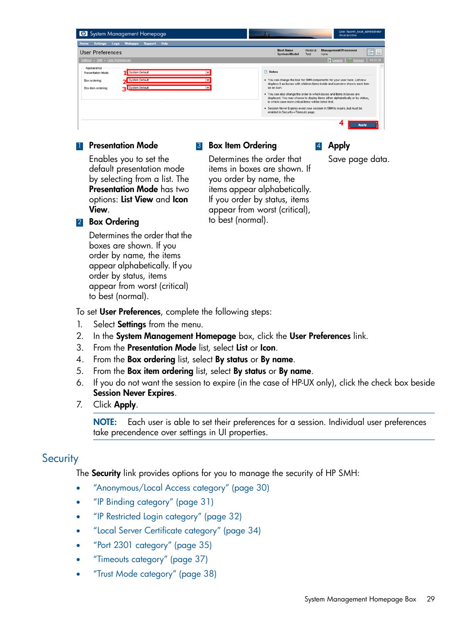 Security | HP System Management Homepage-Software User Manual | Page 29 / 94