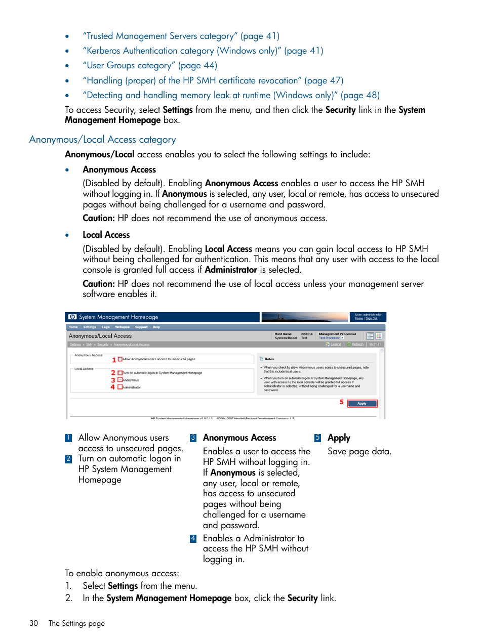 Anonymous/local access category | HP System Management Homepage-Software User Manual | Page 30 / 94