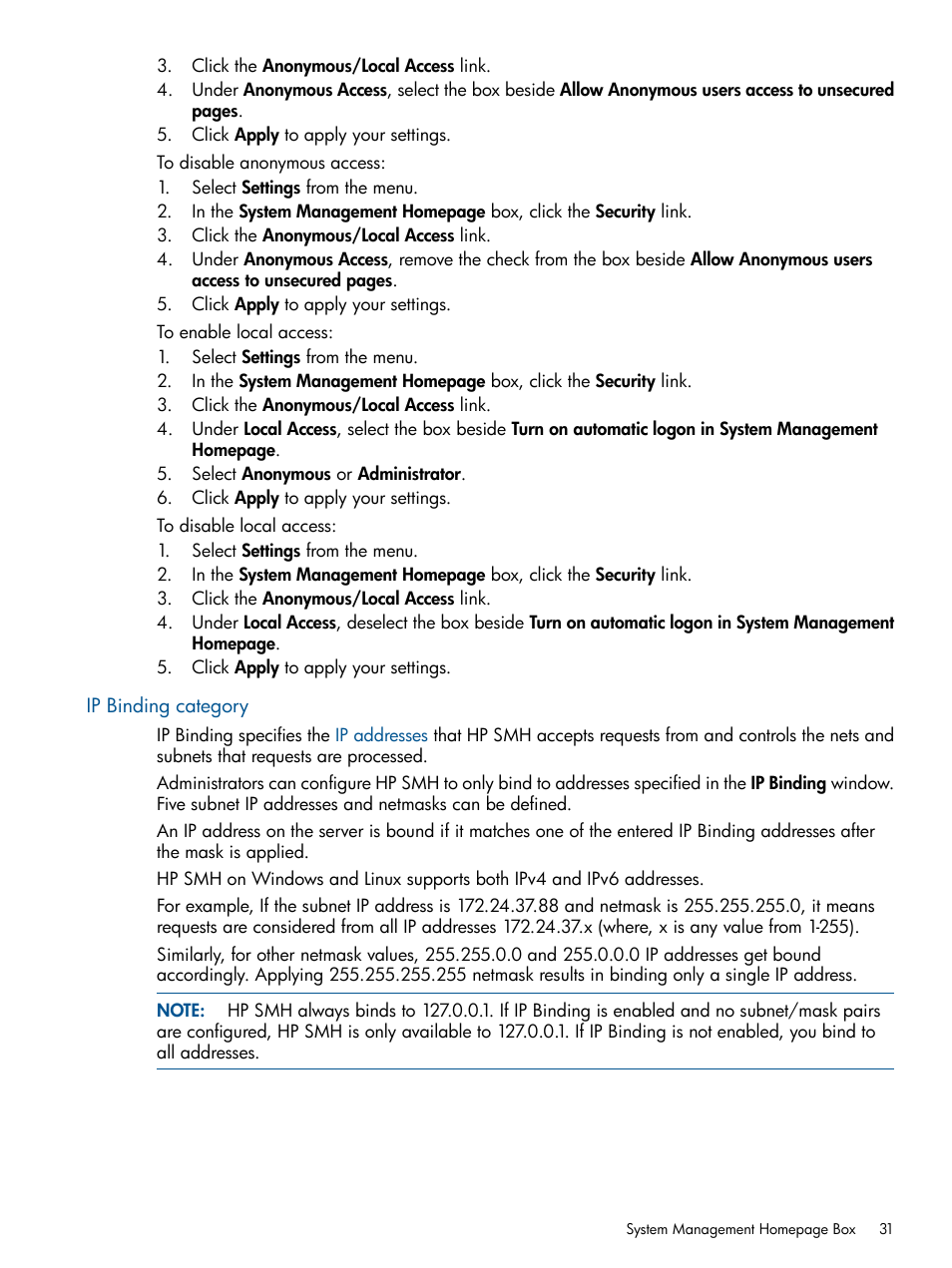 Ip binding category | HP System Management Homepage-Software User Manual | Page 31 / 94