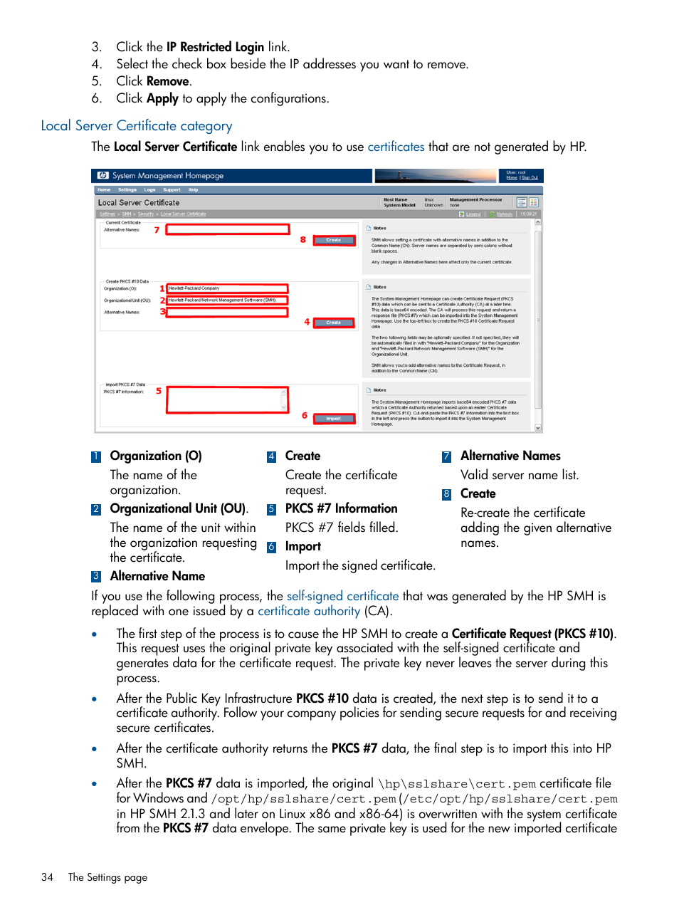 Local server certificate category | HP System Management Homepage-Software User Manual | Page 34 / 94