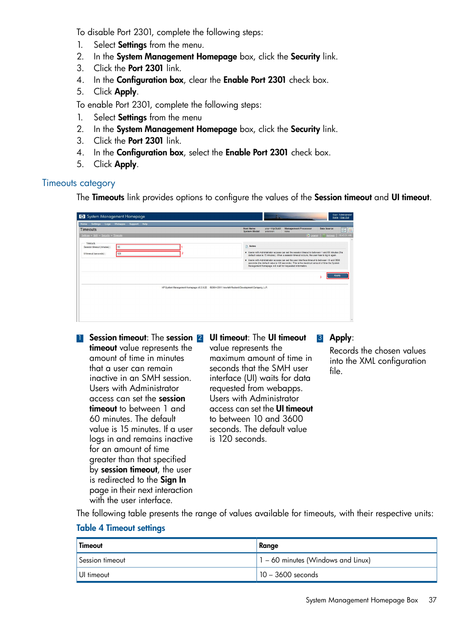 Timeouts category | HP System Management Homepage-Software User Manual | Page 37 / 94