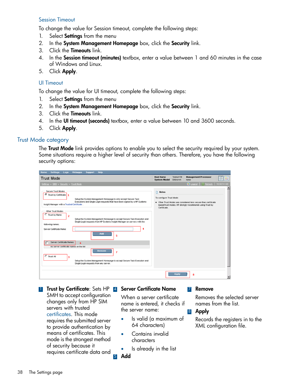 Session timeout, Ui timeout, Trust mode category | HP System Management Homepage-Software User Manual | Page 38 / 94