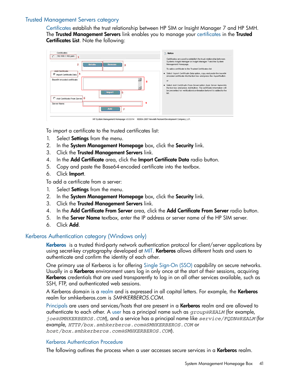 Trusted management servers category, Kerberos authentication category (windows only), Kerberos authentication procedure | HP System Management Homepage-Software User Manual | Page 41 / 94