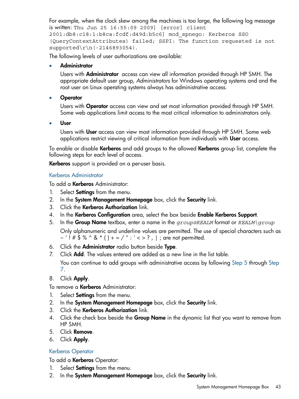 Kerberos administrator, Kerberos operator, Kerberos administrator kerberos operator | HP System Management Homepage-Software User Manual | Page 43 / 94