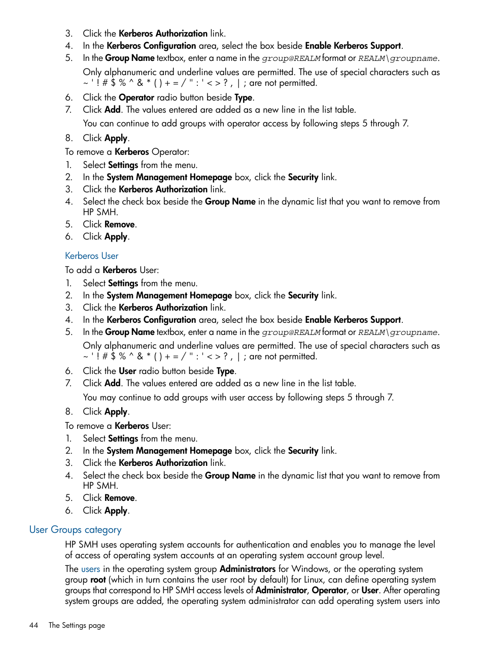Kerberos user, User groups category | HP System Management Homepage-Software User Manual | Page 44 / 94