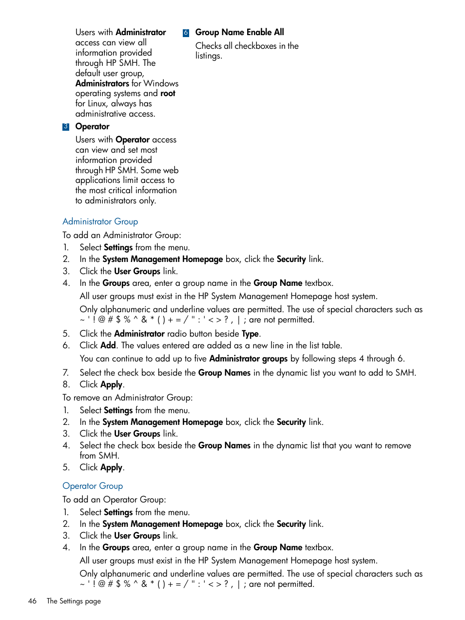 Administrator group, Operator group, Administrator group operator group | HP System Management Homepage-Software User Manual | Page 46 / 94