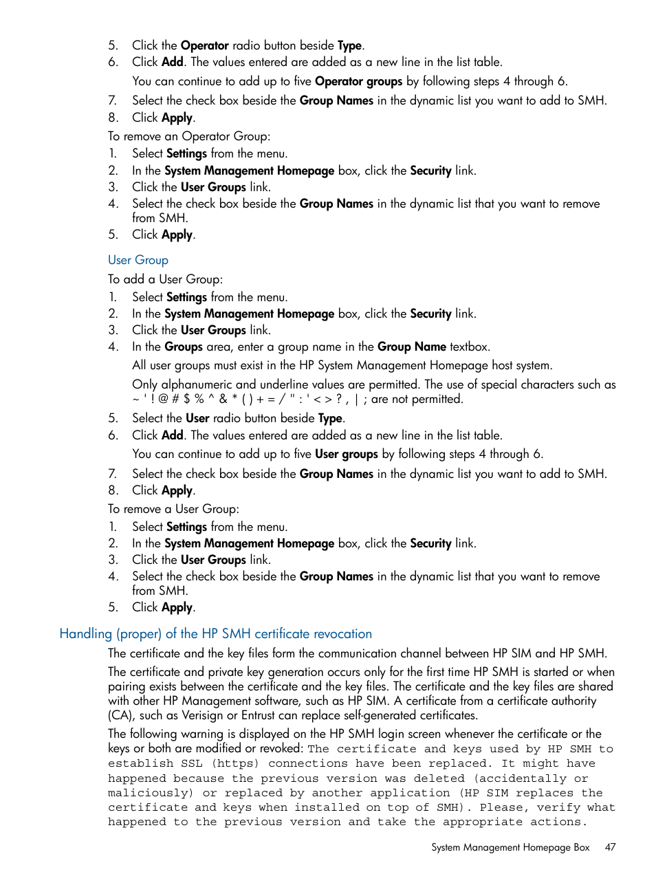 User group | HP System Management Homepage-Software User Manual | Page 47 / 94