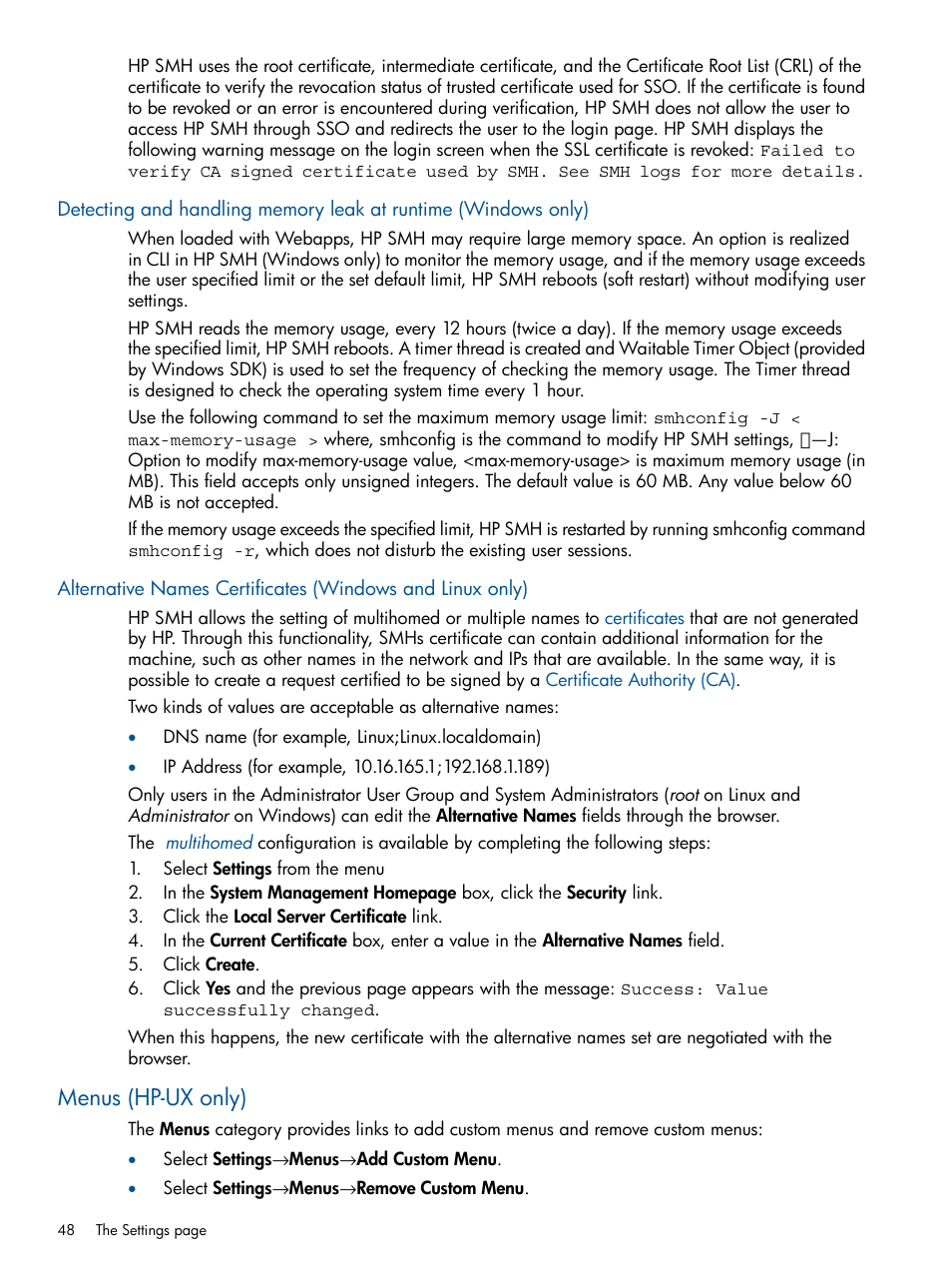 Menus (hp-ux only) | HP System Management Homepage-Software User Manual | Page 48 / 94