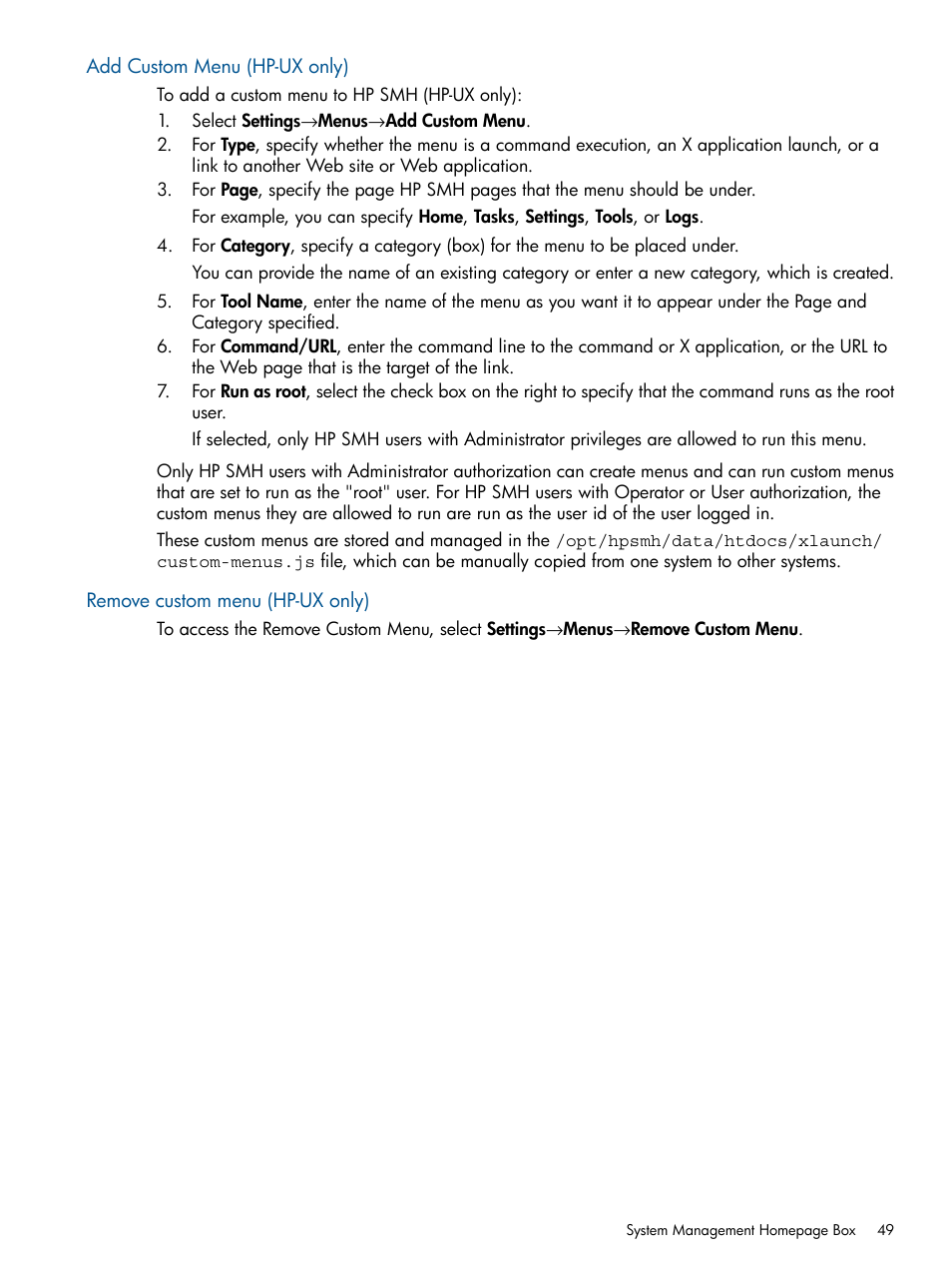 Add custom menu (hp-ux only), Remove custom menu (hp-ux only) | HP System Management Homepage-Software User Manual | Page 49 / 94