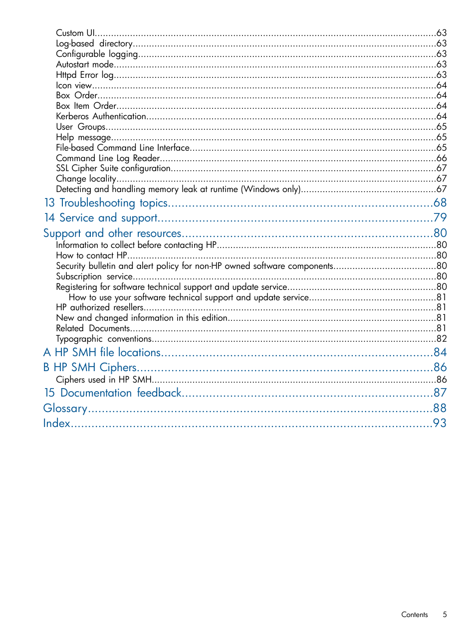 A hp smh file locations b hp smh ciphers, 15 documentation feedback glossary index | HP System Management Homepage-Software User Manual | Page 5 / 94