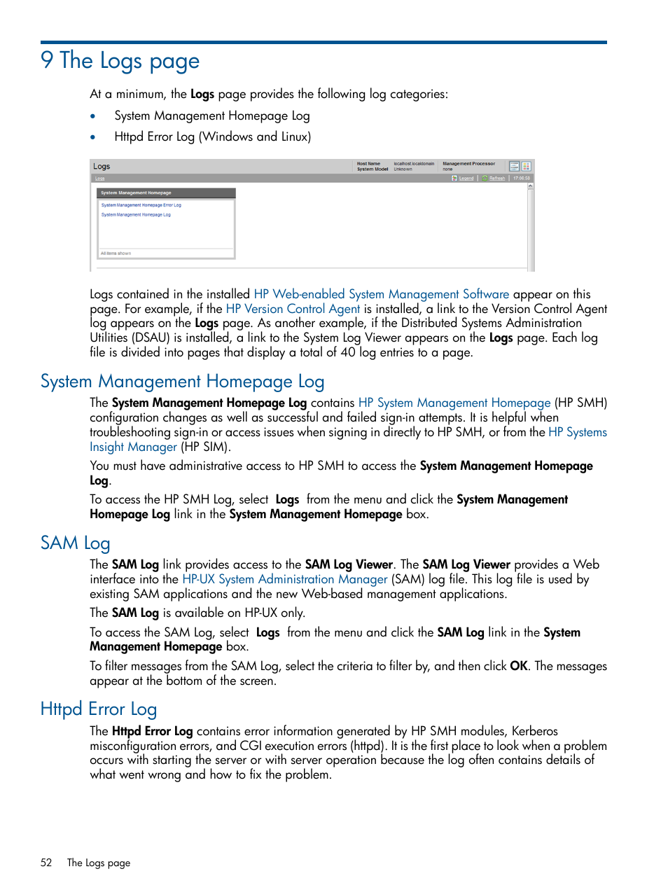 Sam log, Httpd error log, 9 the logs page | System management homepage log | HP System Management Homepage-Software User Manual | Page 52 / 94