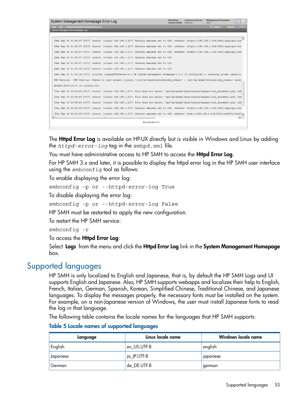 Supported languages | HP System Management Homepage-Software User Manual | Page 53 / 94