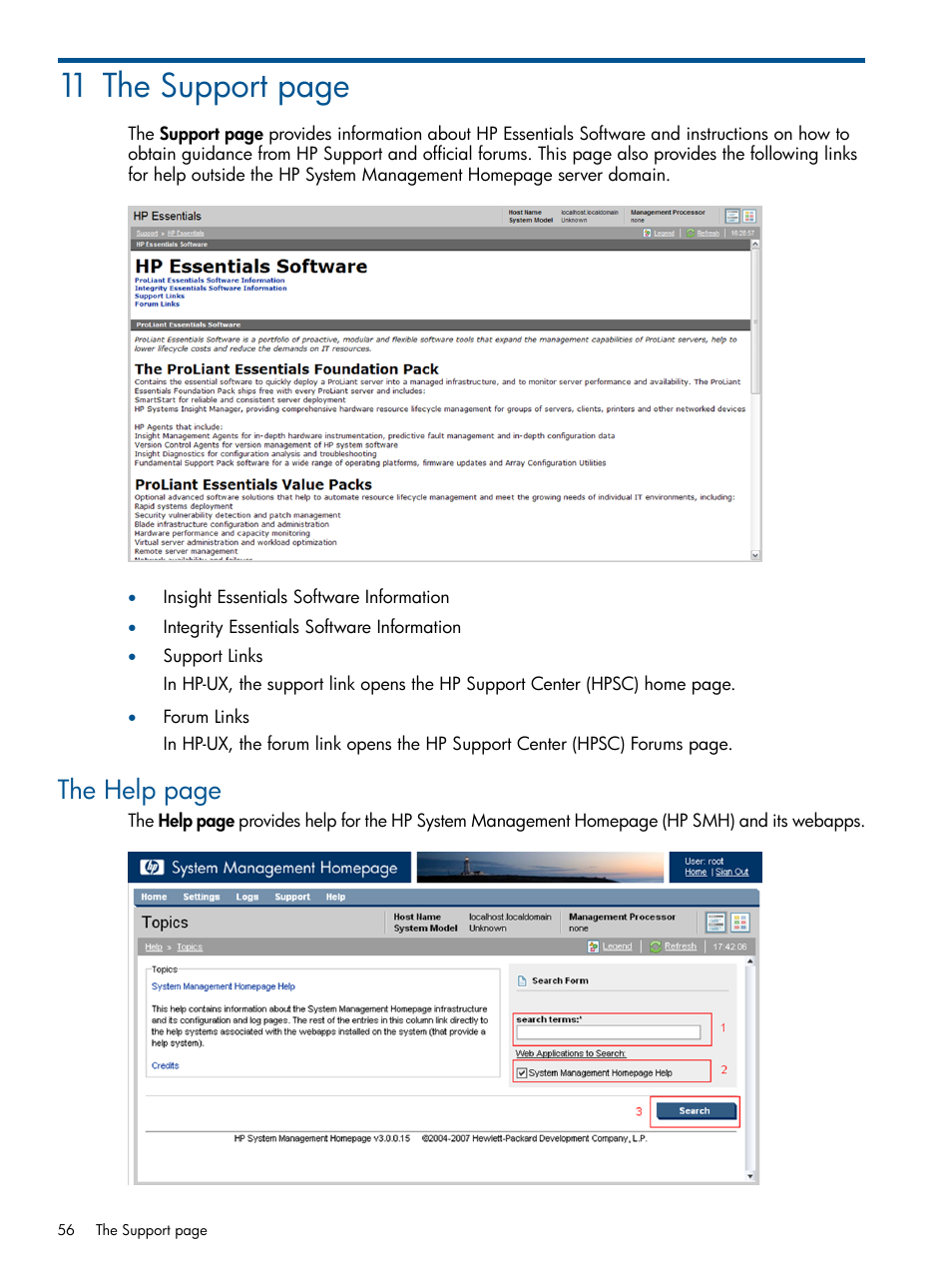 11 the support page, The help page | HP System Management Homepage-Software User Manual | Page 56 / 94