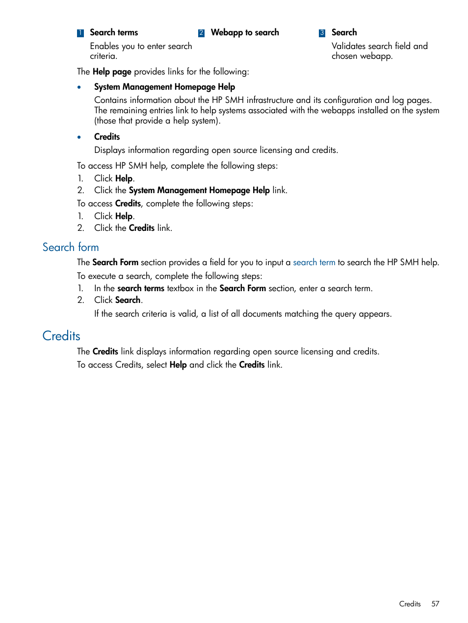 Search form, Credits | HP System Management Homepage-Software User Manual | Page 57 / 94