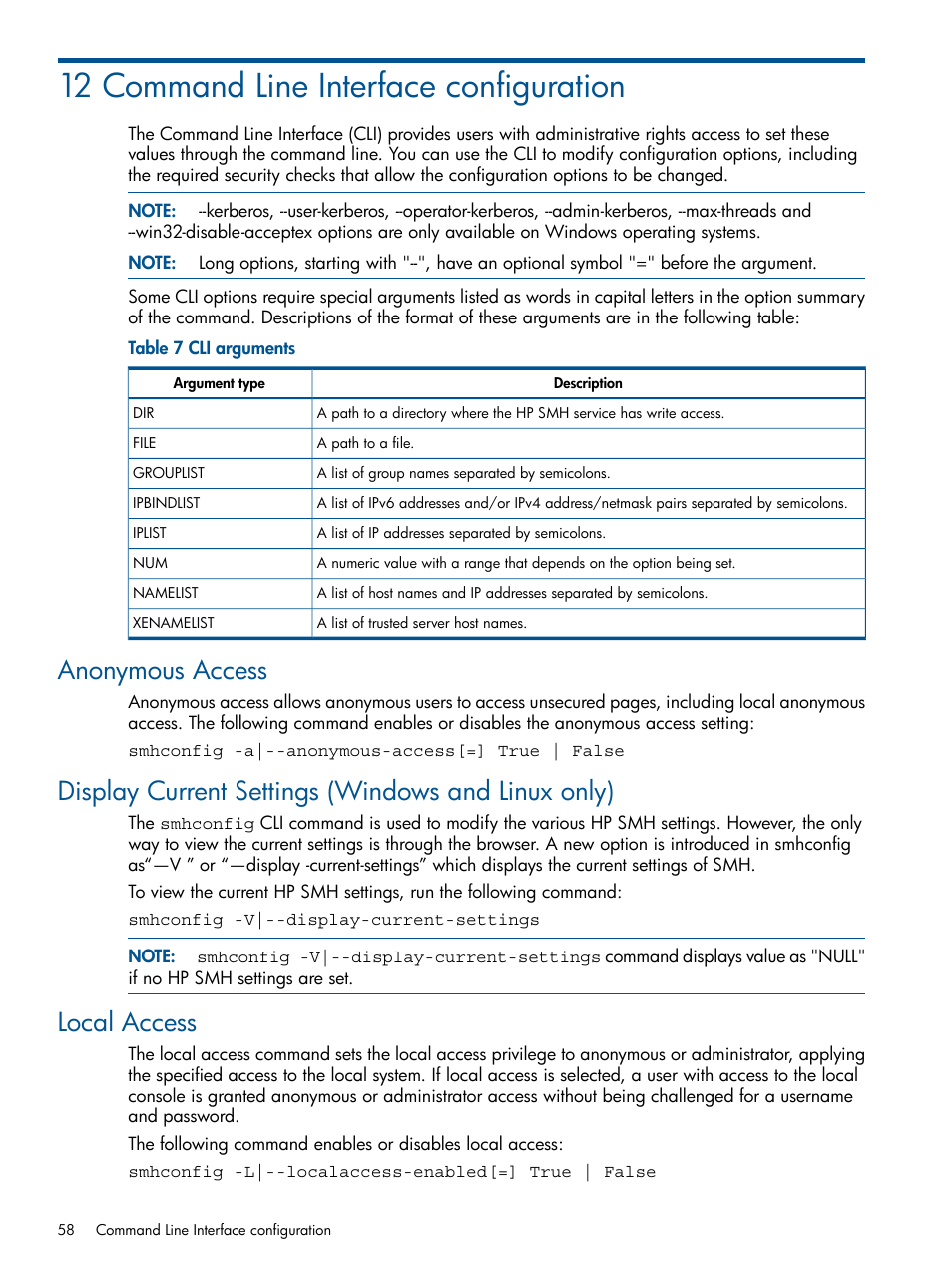 12 command line interface configuration, Anonymous access, Display current settings (windows and linux only) | Local access | HP System Management Homepage-Software User Manual | Page 58 / 94