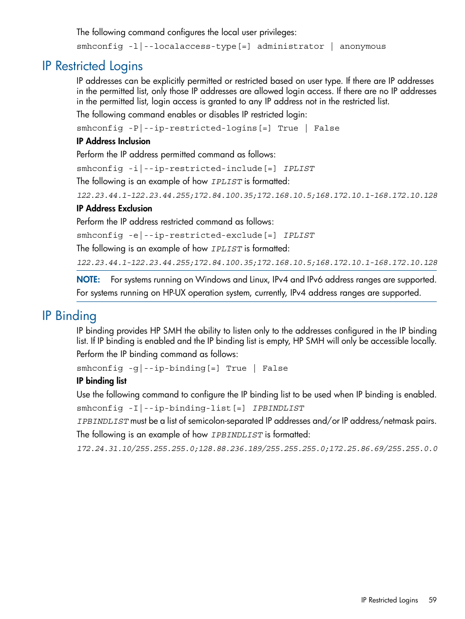 Ip restricted logins, Ip binding, Ip restricted logins ip binding | HP System Management Homepage-Software User Manual | Page 59 / 94