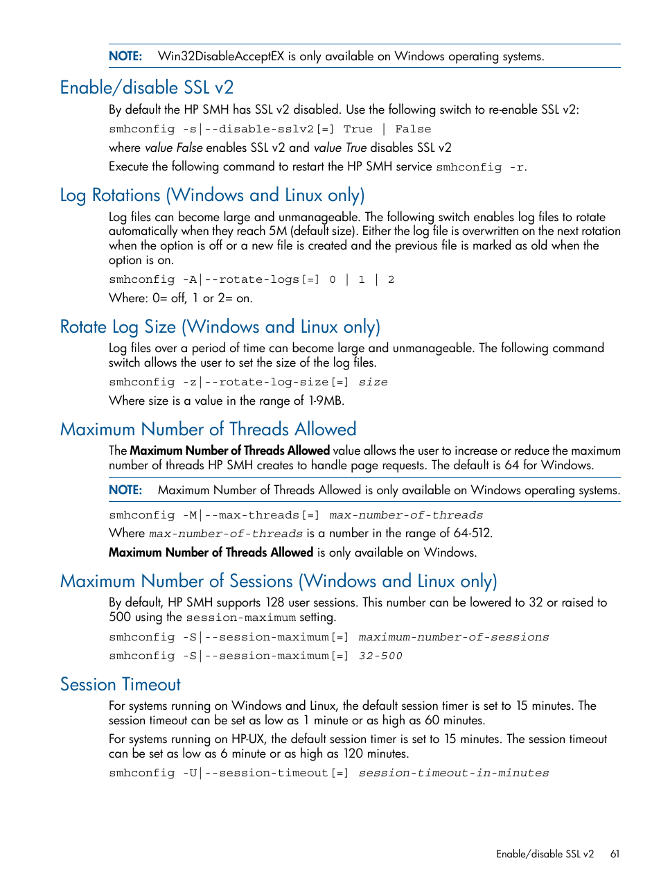 Enable/disable ssl v2, Log rotations (windows and linux only), Rotate log size (windows and linux only) | Maximum number of threads allowed, Session timeout | HP System Management Homepage-Software User Manual | Page 61 / 94