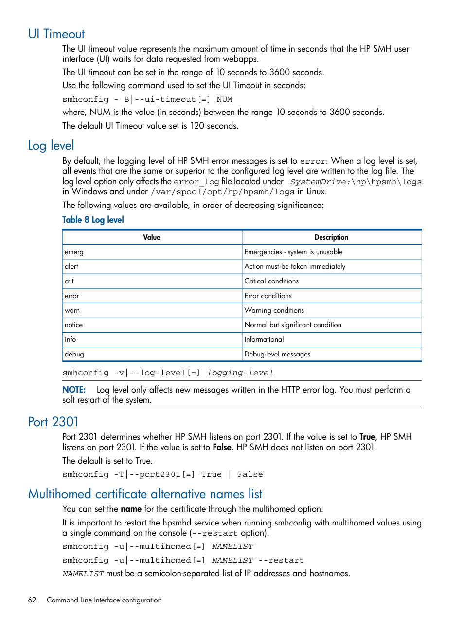 Ui timeout, Log level, Port 2301 | Multihomed certificate alternative names list | HP System Management Homepage-Software User Manual | Page 62 / 94