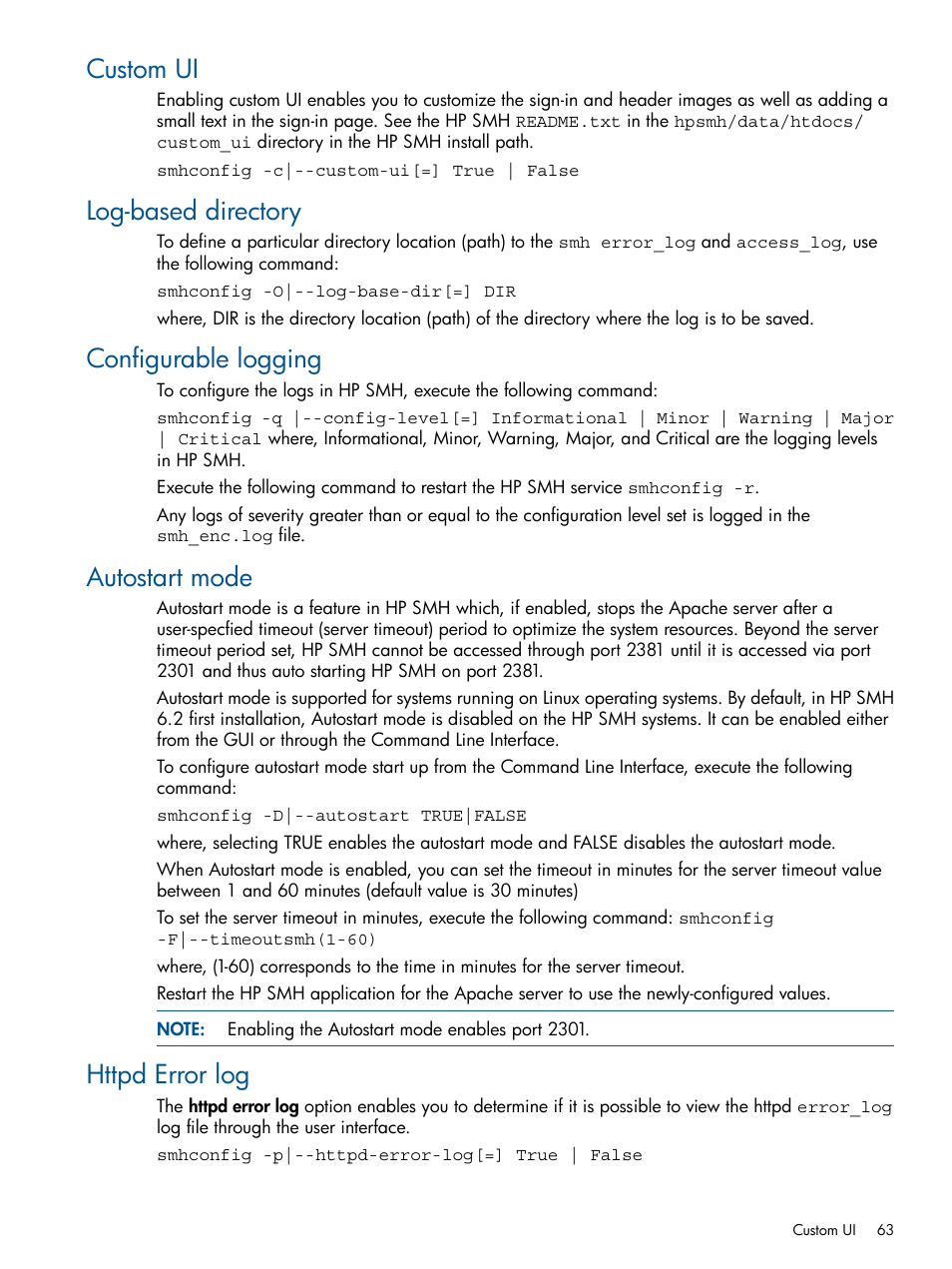 Custom ui, Log-based directory, Configurable logging | Autostart mode, Httpd error log | HP System Management Homepage-Software User Manual | Page 63 / 94