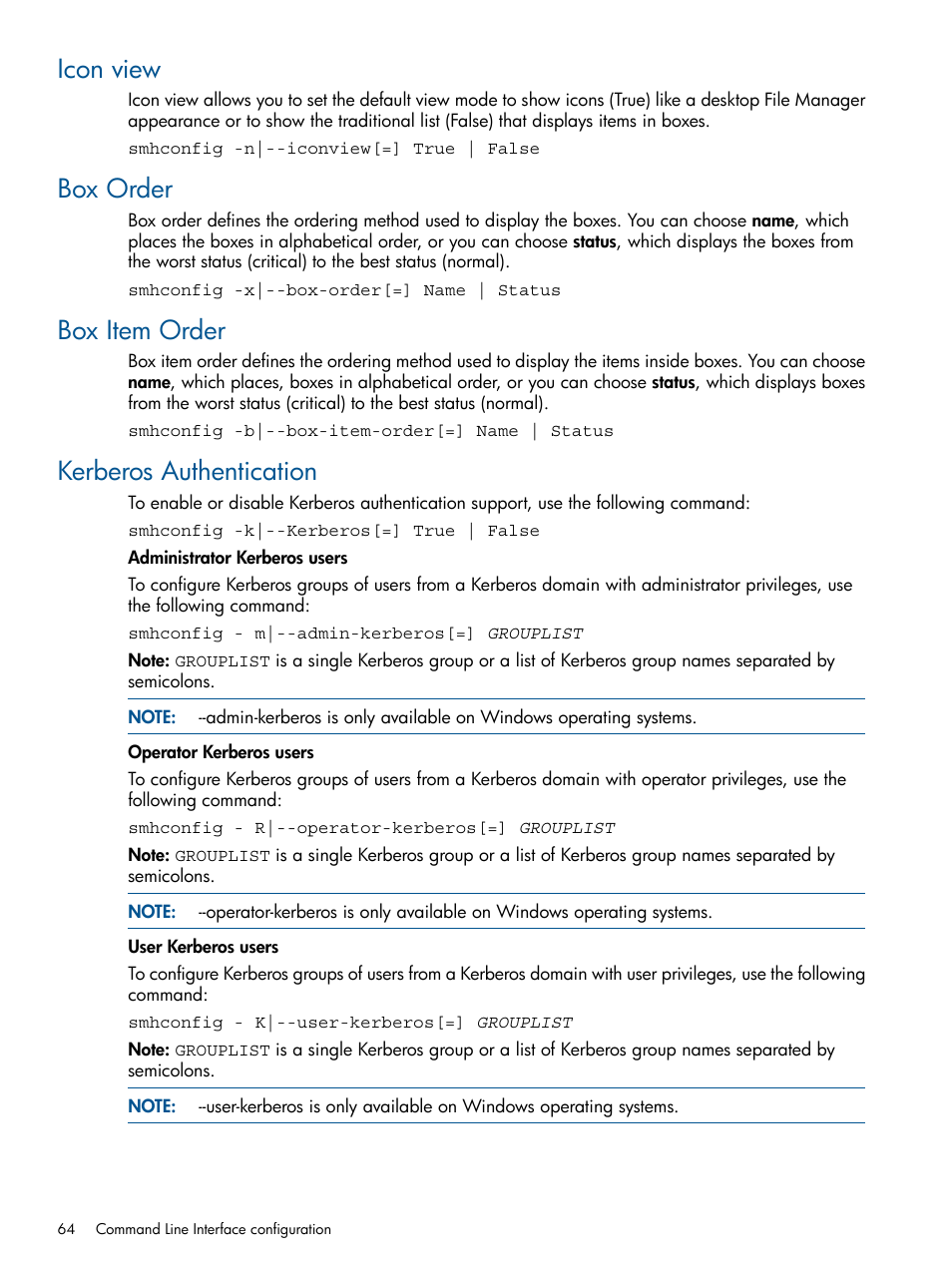 Icon view, Box order, Box item order | Kerberos authentication | HP System Management Homepage-Software User Manual | Page 64 / 94