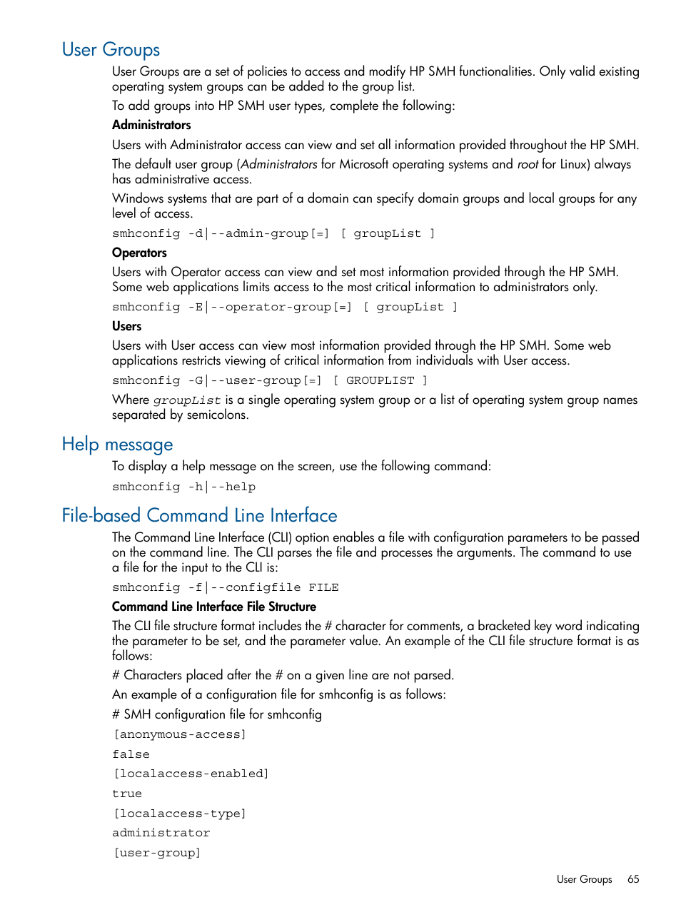 User groups, Help message, File-based command line interface | HP System Management Homepage-Software User Manual | Page 65 / 94