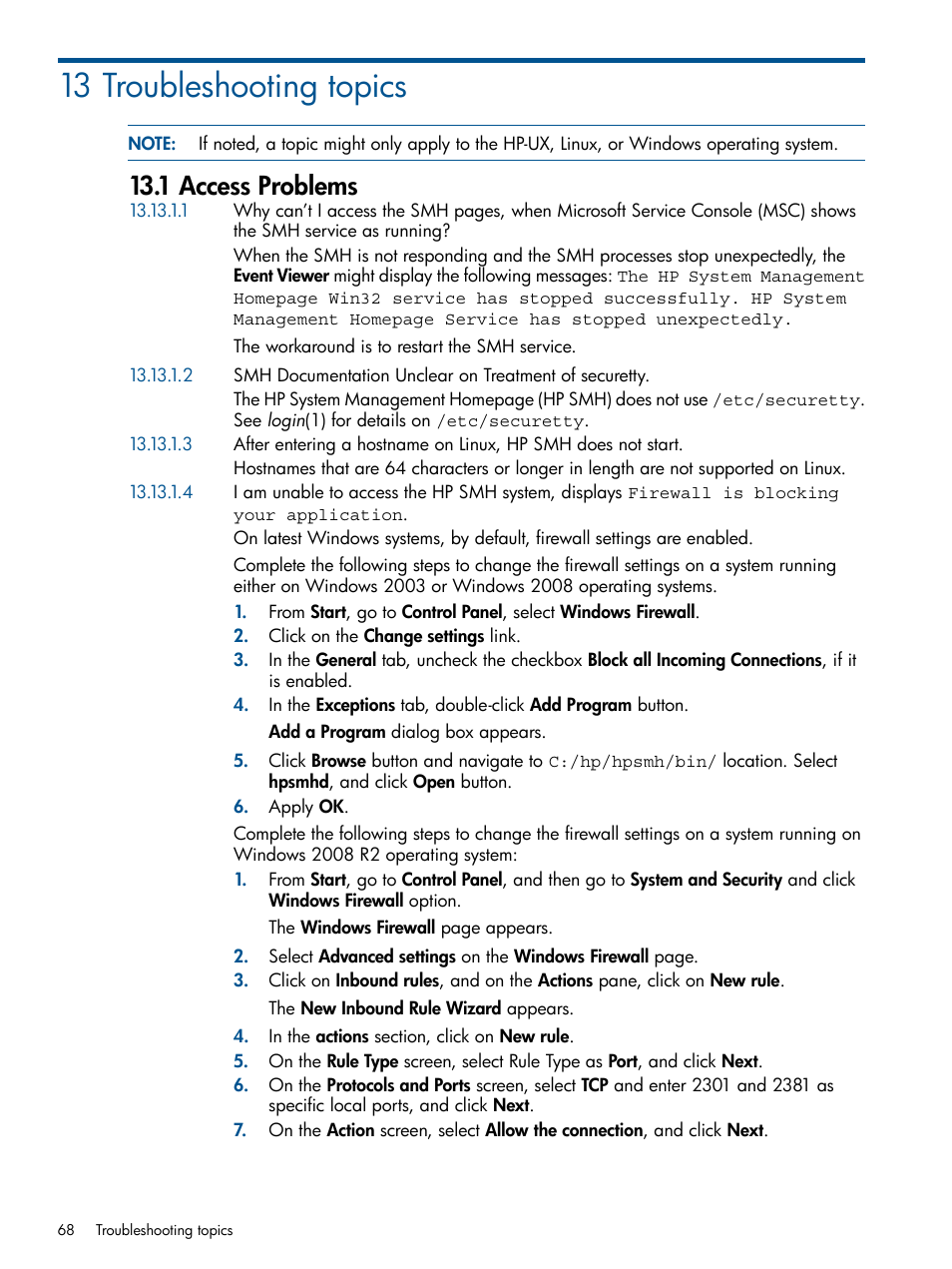 13 troubleshooting topics, 1 access problems | HP System Management Homepage-Software User Manual | Page 68 / 94