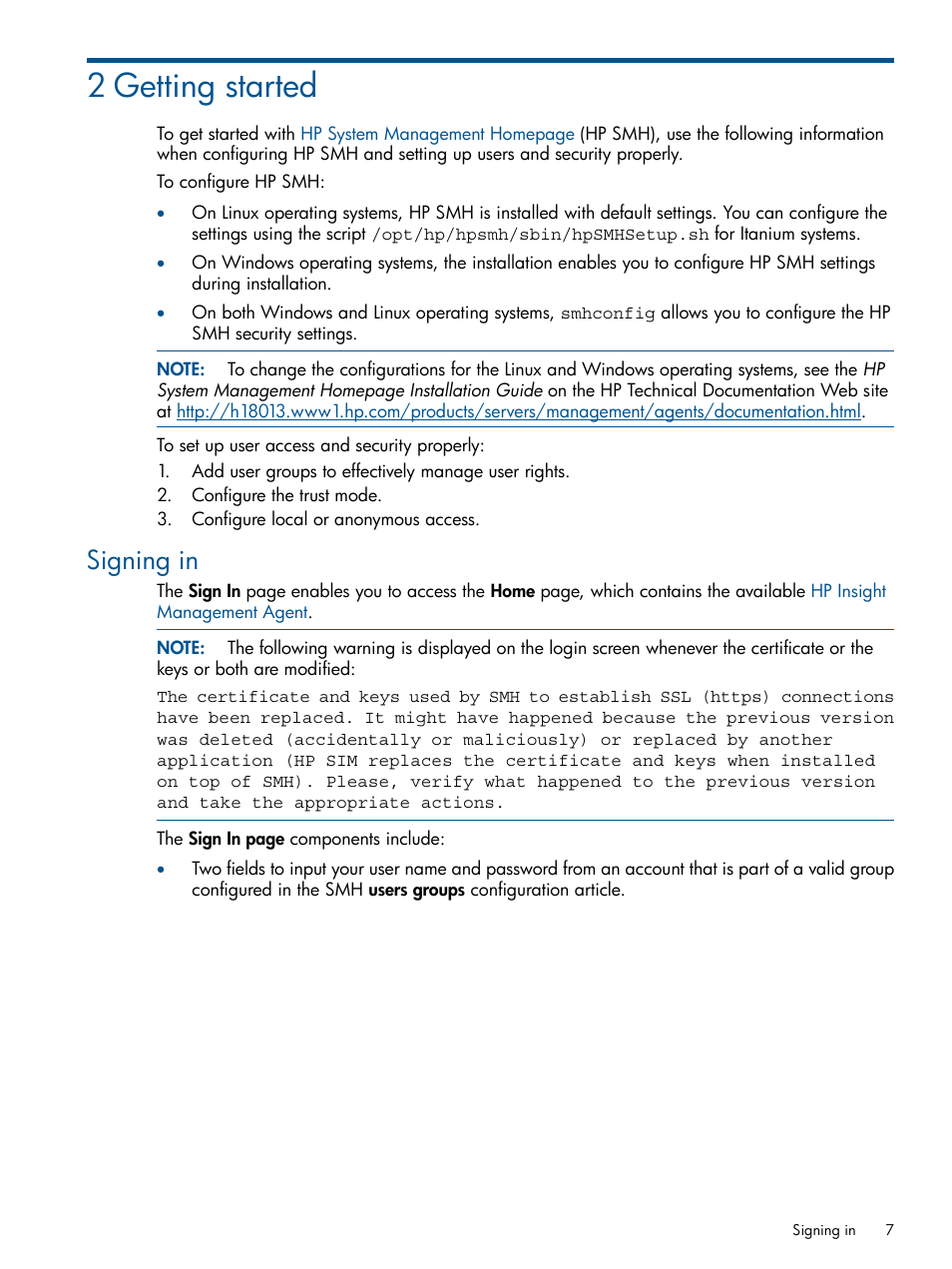 2 getting started, Signing in | HP System Management Homepage-Software User Manual | Page 7 / 94