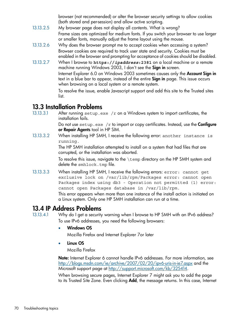 3 installation problems, 4 ip address problems | HP System Management Homepage-Software User Manual | Page 70 / 94