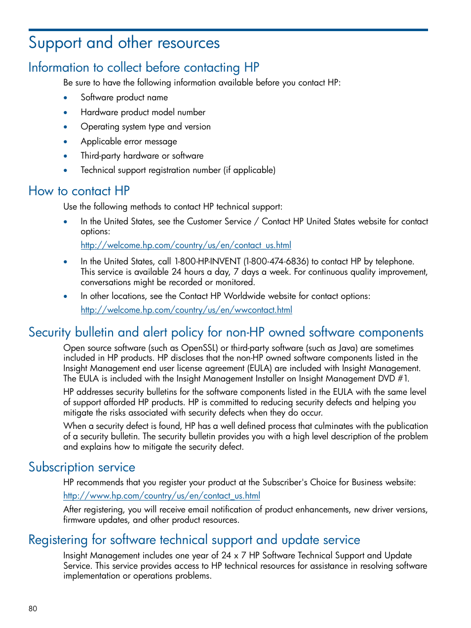 Support and other resources, Information to collect before contacting hp, How to contact hp | Subscription service | HP System Management Homepage-Software User Manual | Page 80 / 94