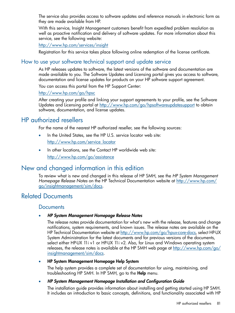 Hp authorized resellers, New and changed information in this edition, Related documents | Documents | HP System Management Homepage-Software User Manual | Page 81 / 94