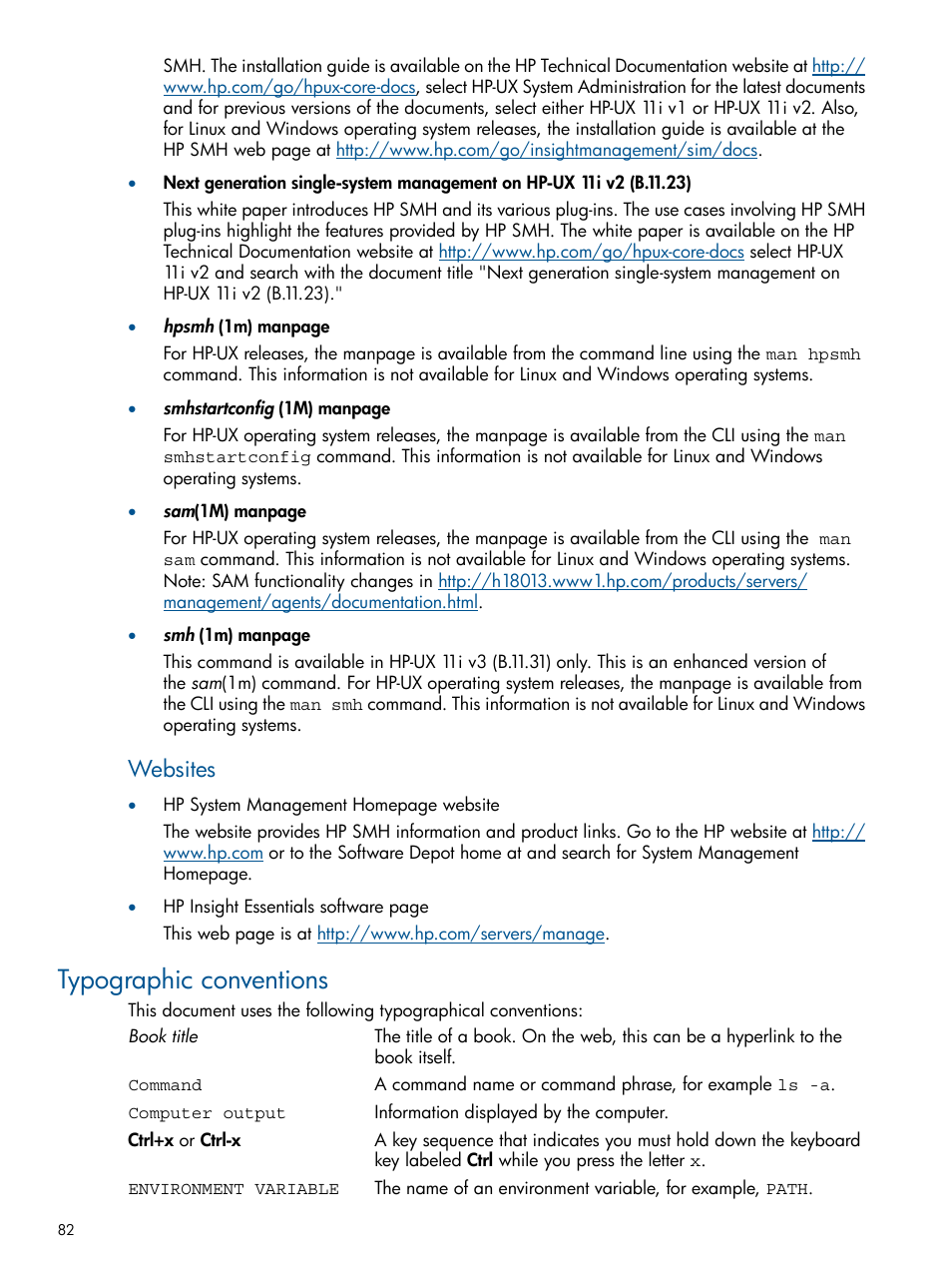 Typographic conventions, Websites | HP System Management Homepage-Software User Manual | Page 82 / 94