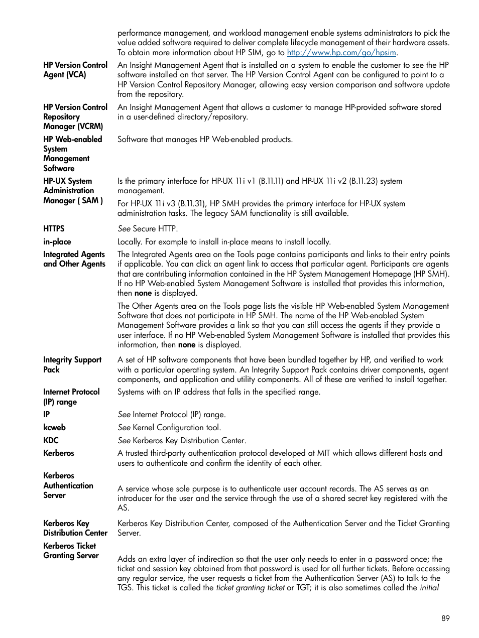 Hp web-enabled system management software, Kerberos, Web-enabled system management software | System administration manager, Hp version control agent, Hp-ux system administration manager | HP System Management Homepage-Software User Manual | Page 89 / 94