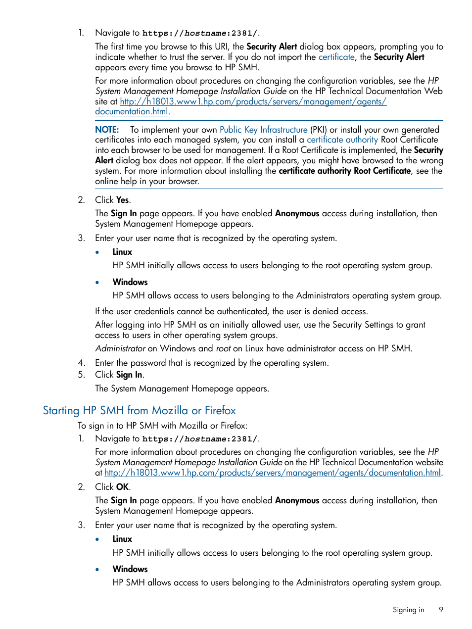 Starting hp smh from mozilla or firefox | HP System Management Homepage-Software User Manual | Page 9 / 94