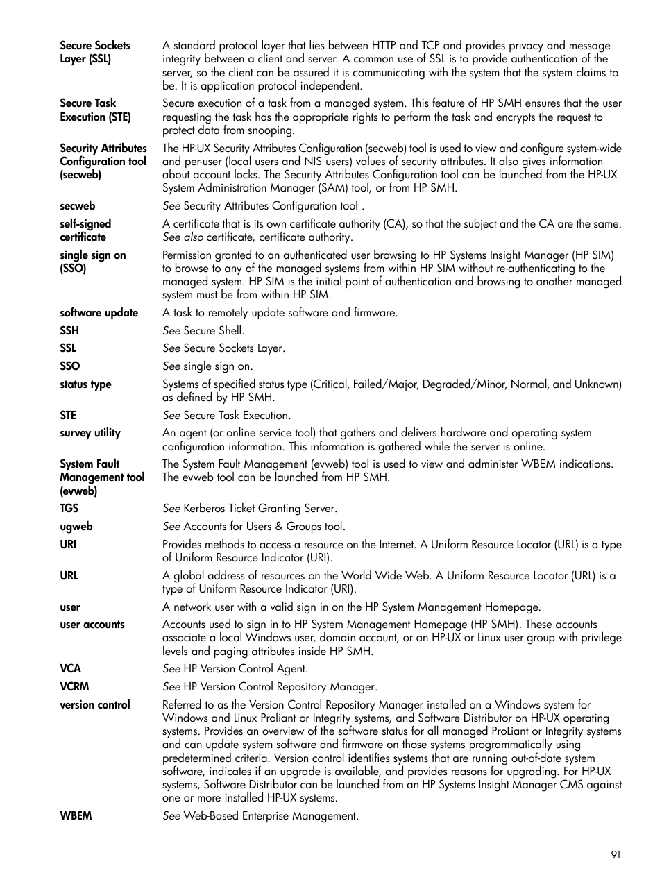 Single sign-on (sso), User | HP System Management Homepage-Software User Manual | Page 91 / 94