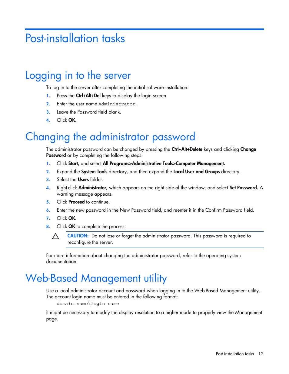 Post-installation tasks, Logging in to the server, Changing the administrator password | Web-based management utility | HP ProLiant DL360 G4p Server User Manual | Page 12 / 23