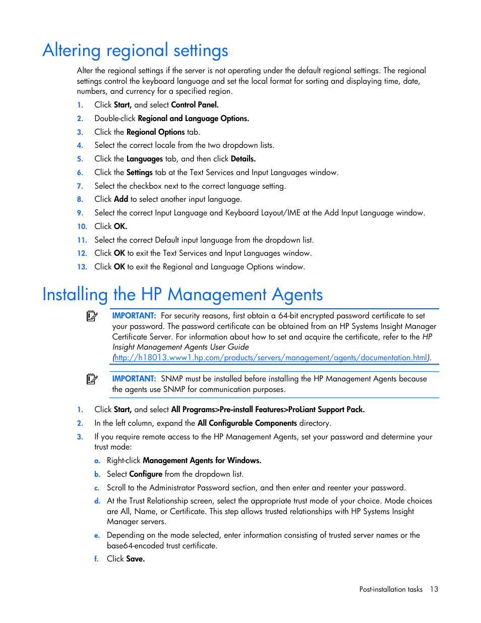 Altering regional settings, Installing the hp management agents | HP ProLiant DL360 G4p Server User Manual | Page 13 / 23