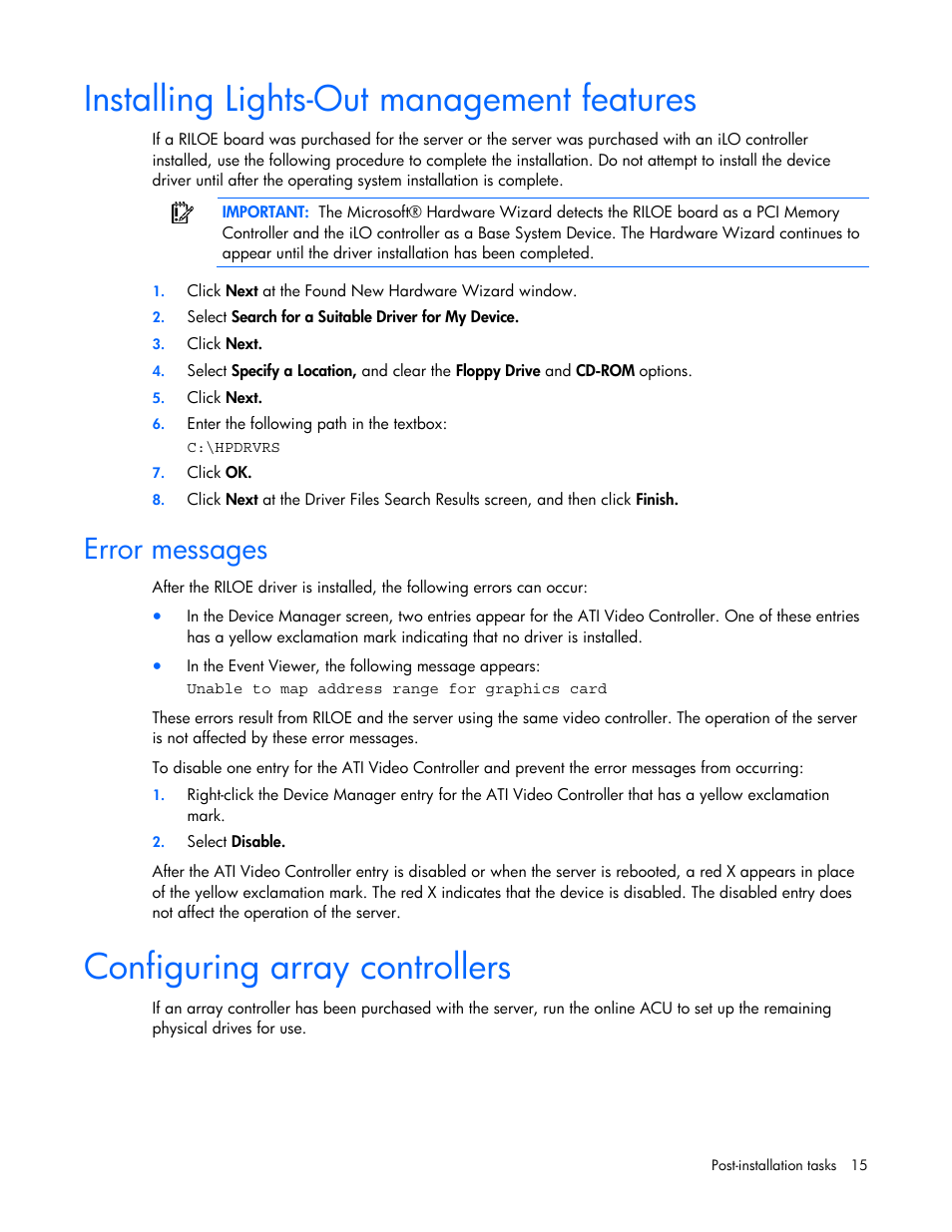 Installing lights-out management features, Error messages, Configuring array controllers | HP ProLiant DL360 G4p Server User Manual | Page 15 / 23