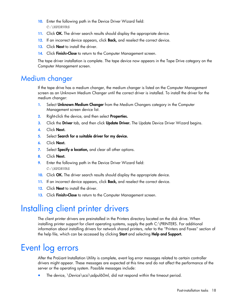 Medium changer, Installing client printer drivers, Event log errors | HP ProLiant DL360 G4p Server User Manual | Page 18 / 23