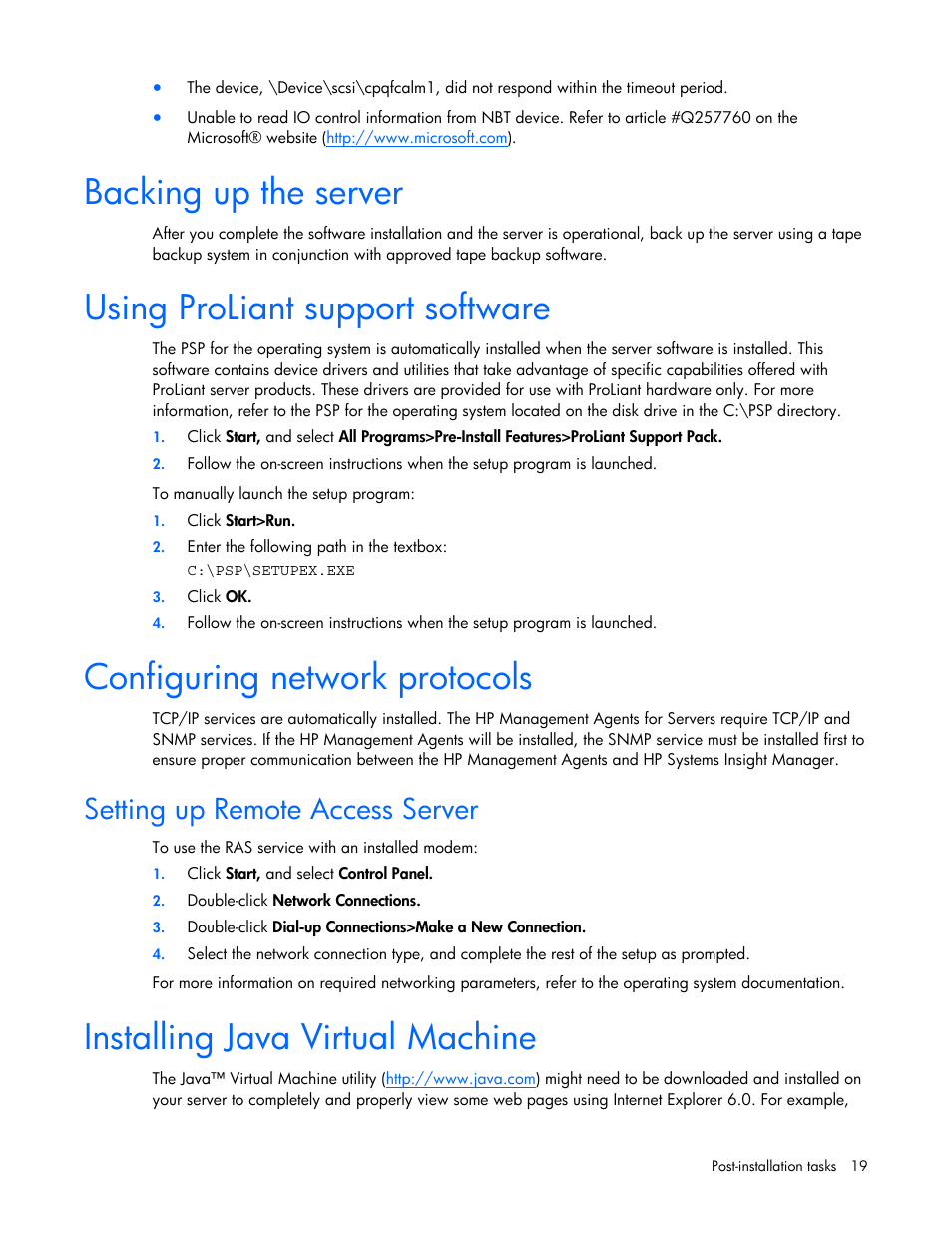 Backing up the server, Using proliant support software, Configuring network protocols | Setting up remote access server, Installing java virtual machine | HP ProLiant DL360 G4p Server User Manual | Page 19 / 23