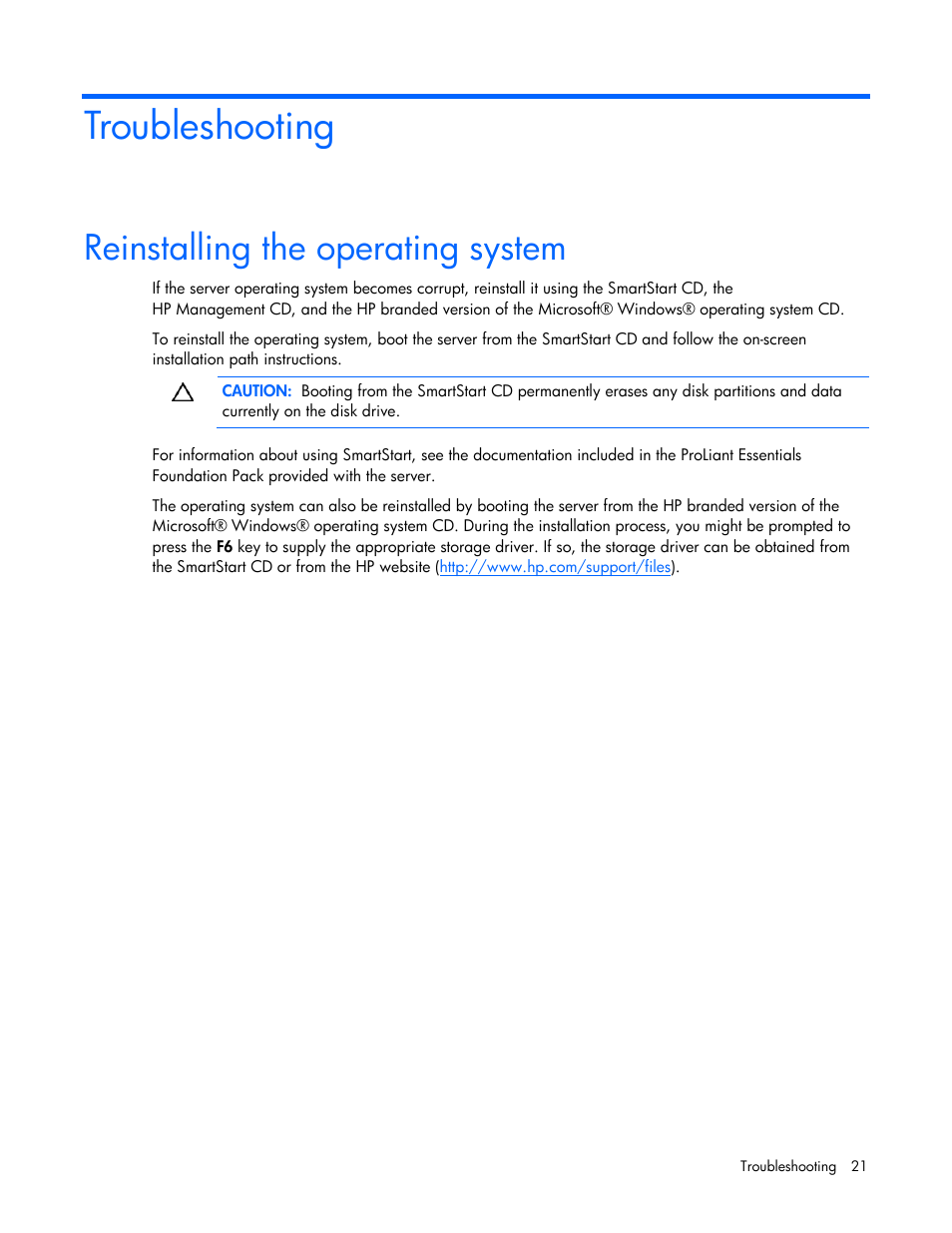 Troubleshooting, Reinstalling the operating system | HP ProLiant DL360 G4p Server User Manual | Page 21 / 23