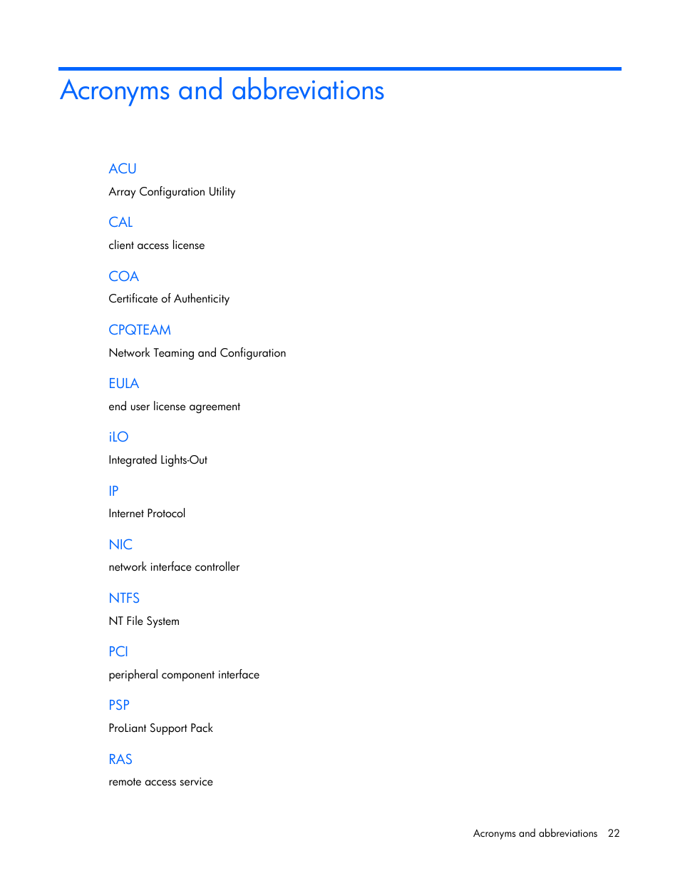 Acronyms and abbreviations | HP ProLiant DL360 G4p Server User Manual | Page 22 / 23